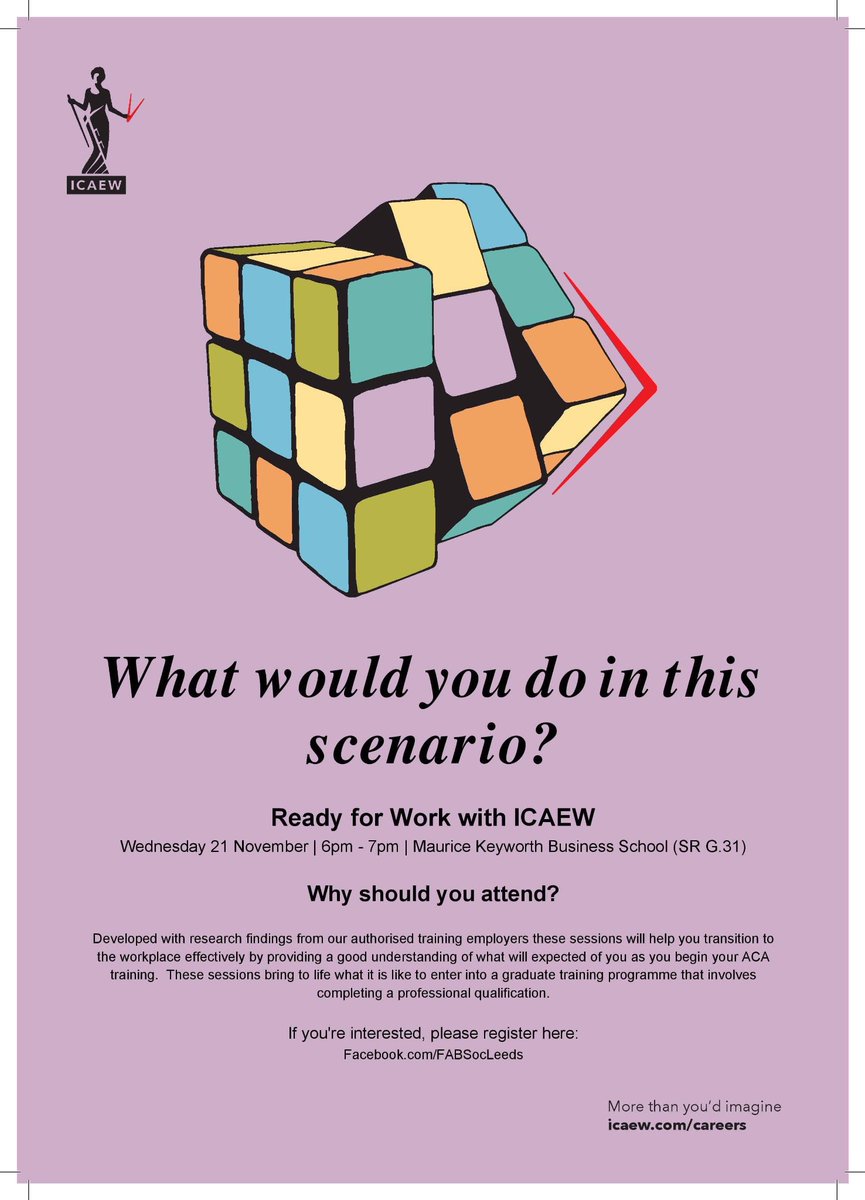 _FABSoc's tweet image. Join FABSoc for a session with the ICAEW which will bring to life what it’s like to enter a graduate programme which would require you to complete a professional qualification. 

Please sign up on the FABSoc facebook page.
m.facebook.com/fabsocleeds/?l…

#icaew #leedsuni