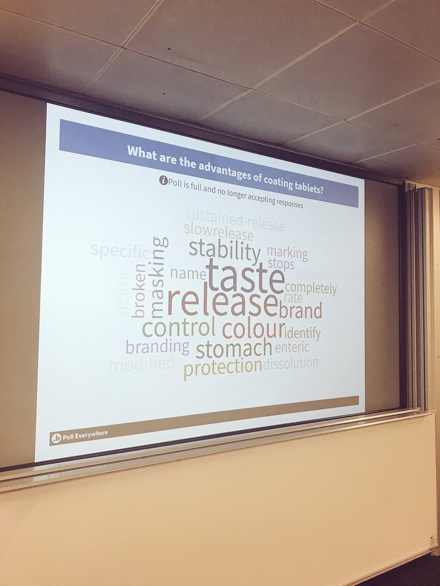 DrBahijjaRaimiA's tweet photo. My first attempt using @polleverywhere in my teaching @kingsacademykcl 2nd year Pharmacy students - solid dosage form tutorial. I think it went well... didn’t know solubility had so many y 🤣🧐#teachingjoke #pgcap https://t.co/x2qIsJMKBw