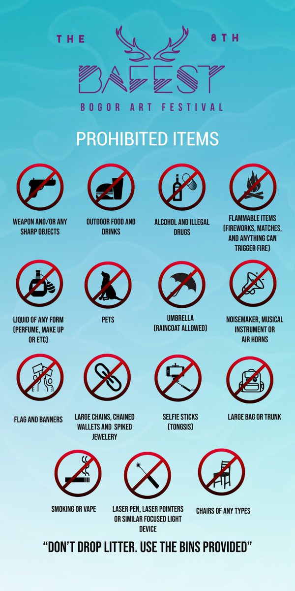Hello everyone,

Here are the rules and list of things that prohibited to bring into our venue.

There will be a grand closing on Sunday,18th November. Bring your tickets, we'll see you soon!

Reach us through:
▪Official LINE: @prb1053c
▪Instagram: @bogorartfest
