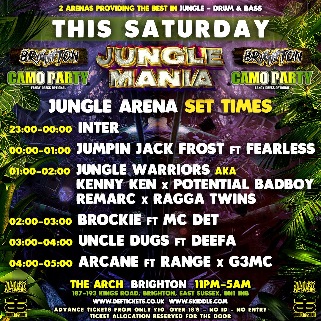 junglemaniauk's tweet photo. Tomorrow @junglemaniauk returns to #Brighton for a #CamoParty on Saturday 17 November @thearchbrighton 🎟️ https://t.co/FGDAjTZeP3  🎧🎤 @JungleWarriors_ @djbrockie @McdetUk @djjjfrost @UncleDugs @Fearlessdnb @KennyDJKen @PotentialBB @REMARC_JUNGLIS @raggatwinz @InterDefinition https://t.co/DtjtT7ayup
