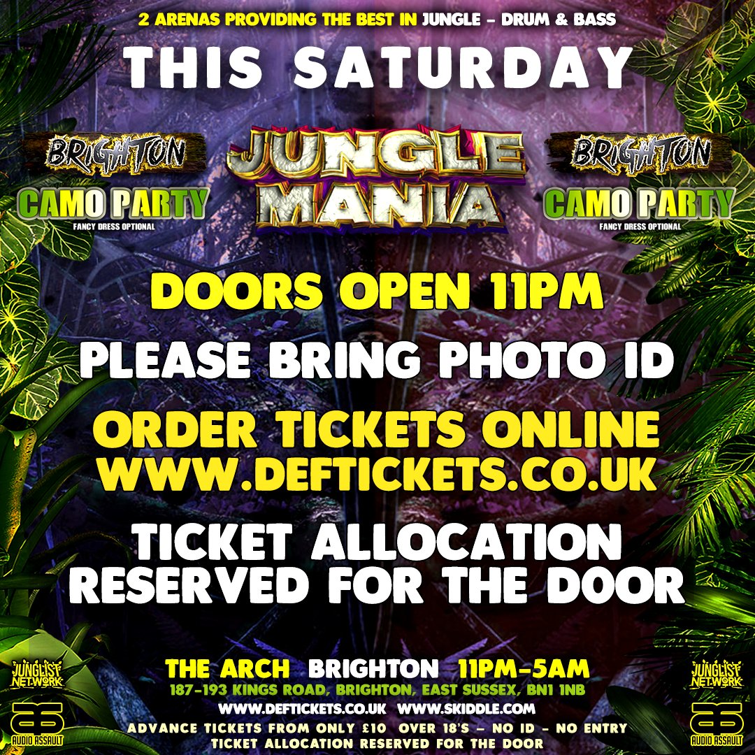 junglemaniauk's tweet photo. Tomorrow @junglemaniauk returns to #Brighton for a #CamoParty on Saturday 17 November @thearchbrighton 🎟️ https://t.co/FGDAjTZeP3  🎧🎤 @JungleWarriors_ @djbrockie @McdetUk @djjjfrost @UncleDugs @Fearlessdnb @KennyDJKen @PotentialBB @REMARC_JUNGLIS @raggatwinz @InterDefinition https://t.co/DtjtT7ayup