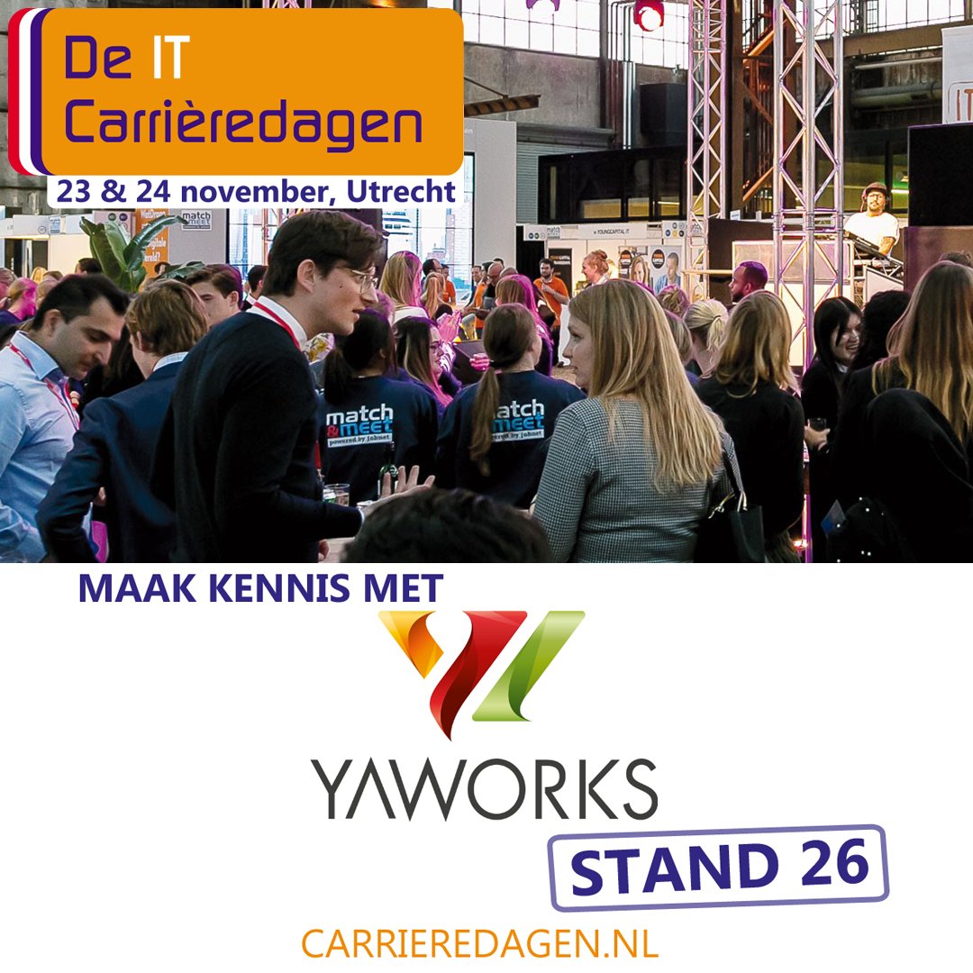 YaWorks's tweet image. Op 23 &amp;amp; 24 november staat @YaWorks op de IT Carrièredagen. Hier kun je kennis maken met onze collega's, die je alles willen vertellen over onze mooie IT-projecten bij klanten uit de Top-500.

We staan bij stand 26, tot dan!

#vacatures #networking #cloud #automation #security