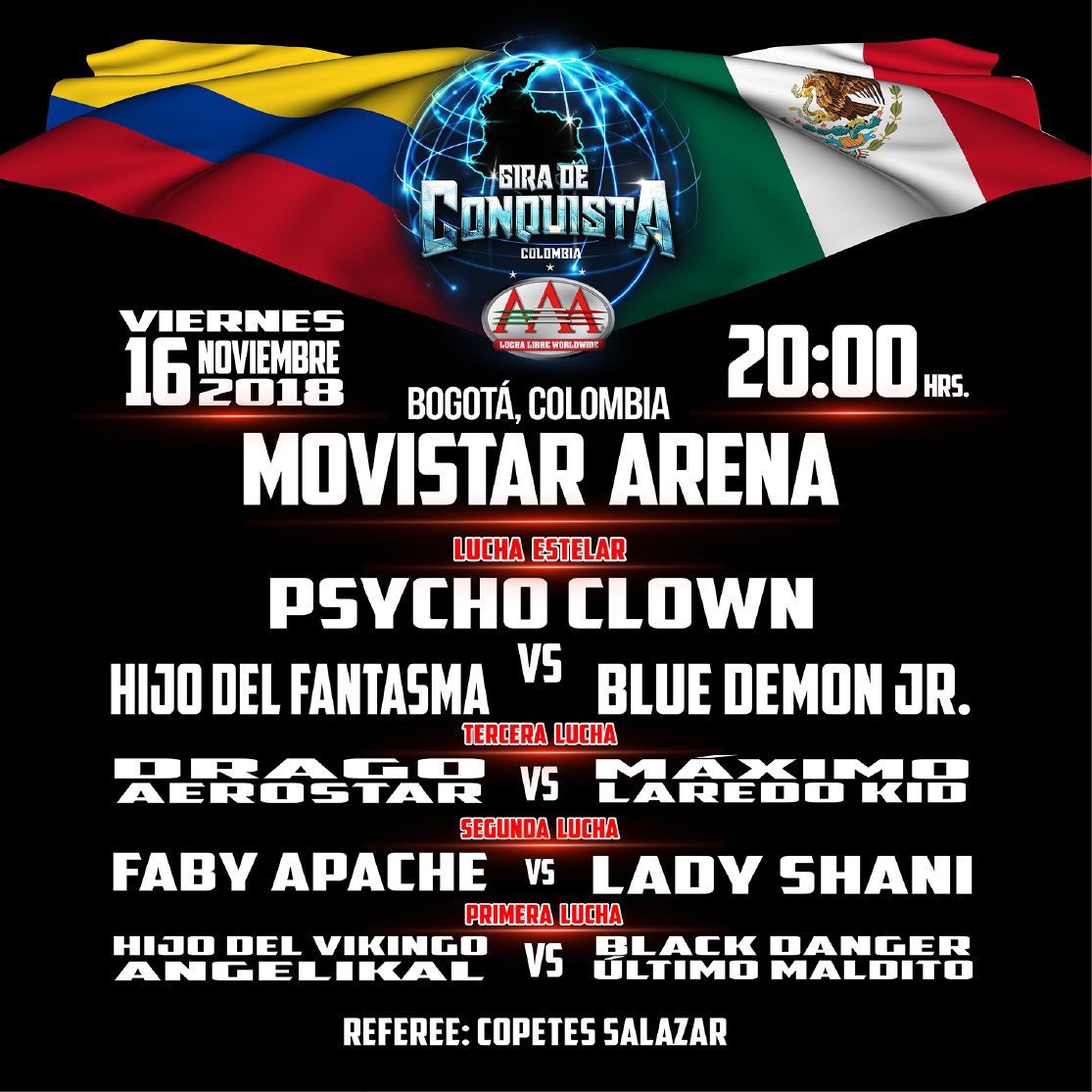 MPenaAAA's tweet photo. Es un día histórico y lleno de emociones para @luchalibreaaa y para el deporte mexicano 🇲🇽

Hoy llevamos la MEJOR LUCHA LIBRE DEL MUNDO a Colombia 🇨🇴

La #GiraDeConquista en la @MovistarArenaCo 🌎 https://t.co/0HQGbs8y2O