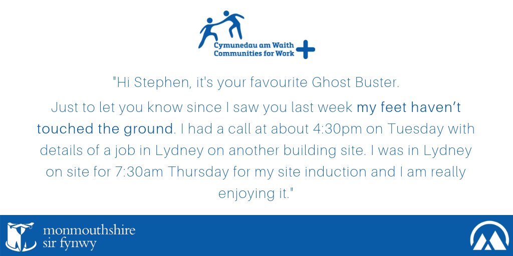 MCC_EES's tweet photo. Great feedback from a client on our #Communities4Work+ programme. We can help you to make a change - get in touch! Well done, great news on a Friday! @stevesteelknees @shellabellaba @MonmouthshireCC #CFW+ #Back2Work https://t.co/NoEcDDdLVi