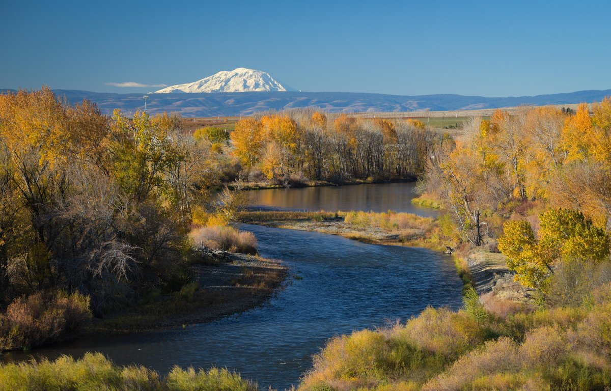 usbr's tweet photo. Nothing beats a scenic view of snow capped mountains! Today's photo was captured by Kirsten Strough along the #Yakima River and shows the snowy peaks of magnificent #MtRainier Learn more about the YB water supply here: https://t.co/DVaeDmnBoH #WashingtonWater #WesternWater https://t.co/CtKZMZgc6j