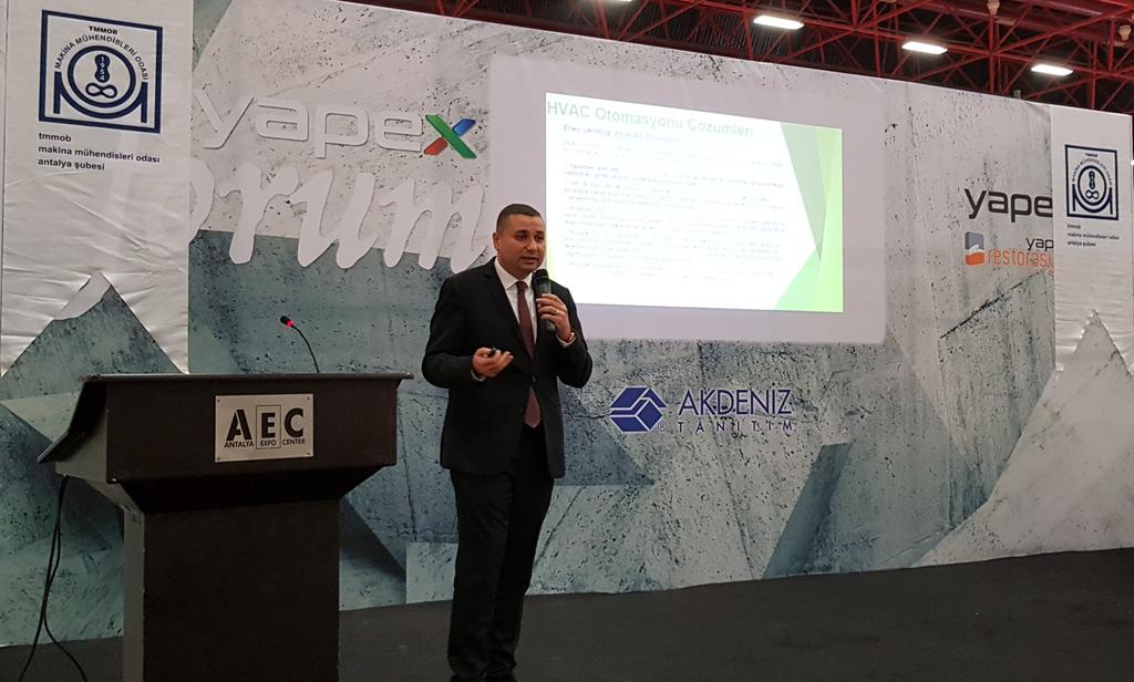mmoantalya's tweet photo. Şube Başkanvekilimiz Doç.Dr. İbrahim Atmaca Yapex Fuarında Akıllı Binalarda Enerji konulu bir seminer düzenledi. https://t.co/E7cyBQFyvT