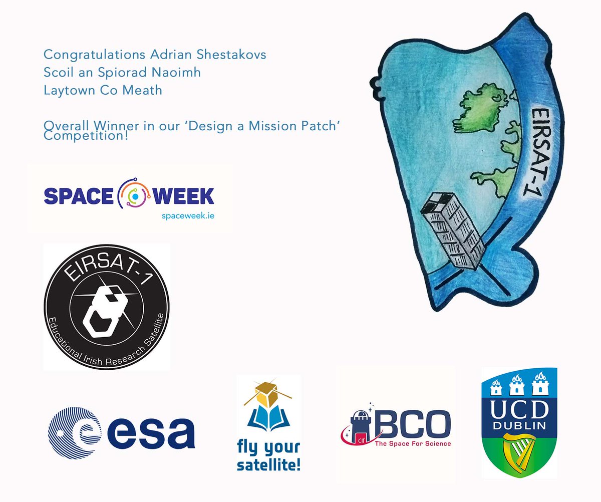 BCO_Ed's tweet photo. @blackrockcastle and @EIRSAT1 are delighted to share the winners of our 'Design a Mission Patch' Competition which we ran during #spaceweek18.
Winning design came from Adrian Shestakov, Scoil an Spioraid Naoimh, Laytown, Co. Meath! https://t.co/mWkxsQQ26A