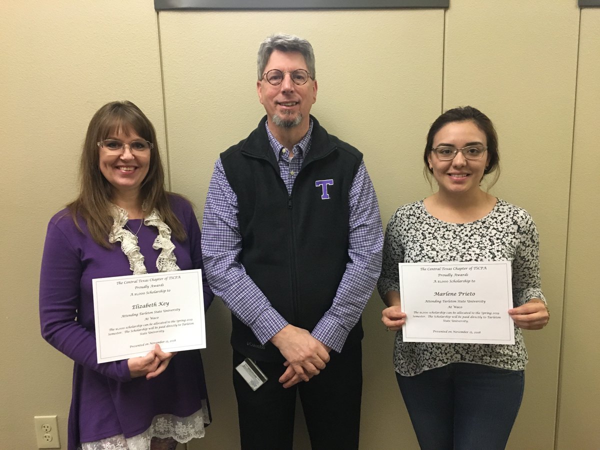 TarletonWaco's tweet photo. Big congratulations to Ms. Elizabeth Key and Ms. Marlene Prieto who received $1,000 scholarships as academically outstanding accounting students from the TSCPA- Central Chapter!
#TarletonWaco #TarletonatMCC @TarletonState https://t.co/QXGxmsJK15