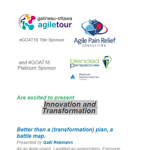 GOAgileTour's tweet photo. #GOAT18 is proud to welcome 

Blended Perspectives    @blendedp    https://t.co/Fq27YaN3BX  

as a Platinum Sponsor of Gatineau Ottawa Agile Tour
Friday Nov 30, 2018

Join the conversations on Innovation and Transformation 
https://t.co/nVIgKxIZRS https://t.co/EpUCiKGb3K