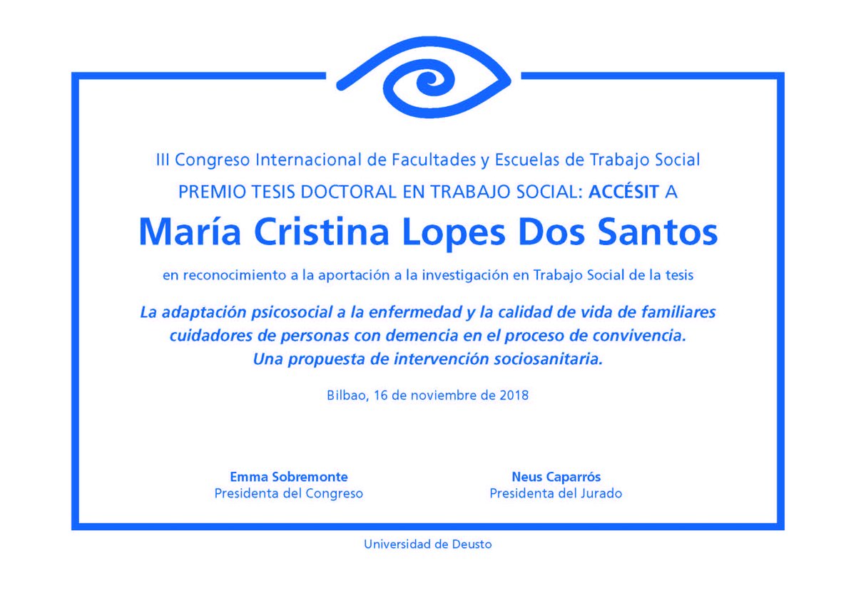 DeustoResearch's tweet photo. Accésit Premio Tesis Doctoral en Trabajo Social a María Cristina Lopes Dos Santos en reconocimiento a la aportación a la investigación en Trabajo Social #cifets2018 @deustoTrSocial https://t.co/WO8R1JD7LM