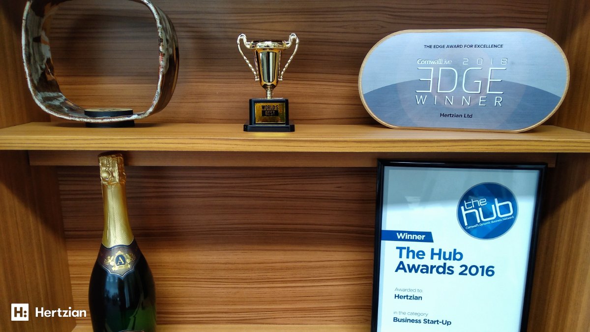 HertzianLtd's tweet photo. The Award cabinet is starting to look more full, big thank you to @CornwallLive for the amazing event that was the #EDGEAwards2018! Special thanks to the sponsors and @invest_cornwall, @growthskillshub, @SwCornwall, @Fal_Launchpad, @Truro_Penwith for your support. https://t.co/usTtljrJGI