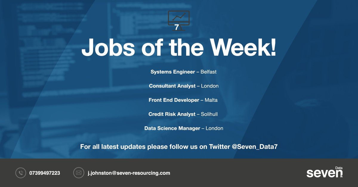 Seven_Data7's tweet image. This weeks Top 5 Positions - Is this your dream role? Do you know of any one looking for their new challenge? 
#Belfast #London #Malta #Solihull #Engineer #FrontEnd #Developer #CreditRiskAnalyst #CreditRisk #Analyst