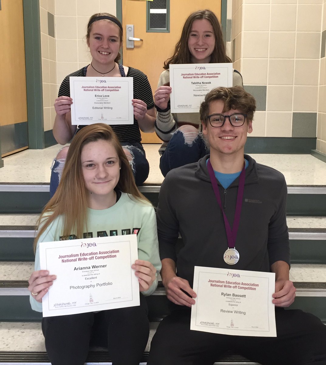 StingerEHS's tweet photo. Four Stinger staffers this month earned national honors during competitions @nhsjc in Chicago. Rylan Bassett, superior, review writing; Arianna Werner, excellence, portfolio photography, Erica Love, honorable mention, editorial writing, Tabitha Nowak, honorable mention, news. https://t.co/DiA0llGYrl