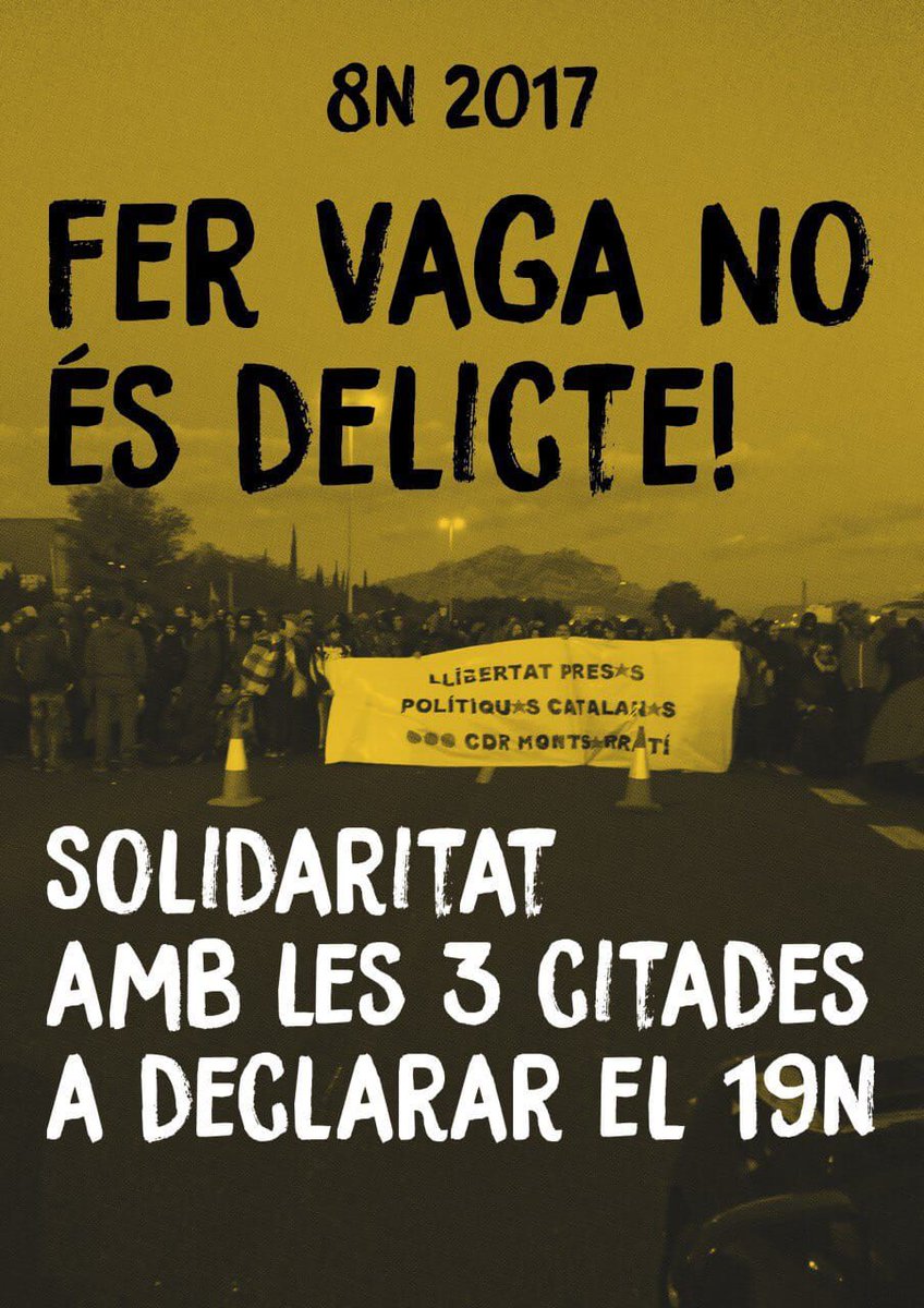 Aquest dilluns 19N tres persones estan citades als jutjats de #Martorell per la Vaga General Independentista del 8N.

Acompanyem-les amb solidaritat! Dilluns19 a les 11:30 als jutjats de Martorell ✊

#DecidimLlibertat 

FEM DIFUSIÓ 📲