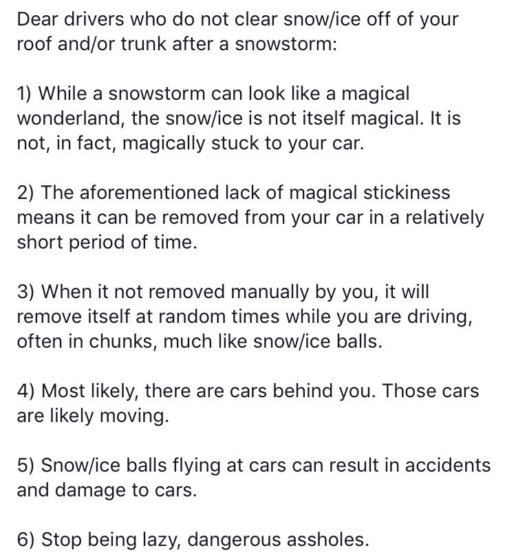 If you don’t clear snow off your roof or trunk after a snowstorm, please see the attached PSA. #snowstorm #dangerousdrivers #PSA #Snowvember #Snowmageddon