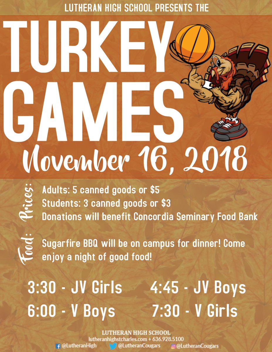 LutheranCougars's tweet photo. Join us TONIGHT for the JV and V girls and boys home openers vs @FearTheCavalier! Support the @ConcordiaSem Food Bank by donating canned goods for admission. @SugarfireWingH will be selling delicious BBQ. #turkeygames https://t.co/MhIESgMrgT