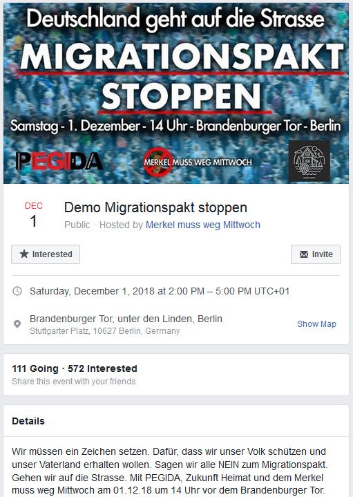 AntifaPlus's tweet photo. +++ Erneut rechter Aufmarsch für Berlin angekündigt. +++

Ein Bündnis aus Pegida, Zukunft Heimat und „Kandel ist überall“ mobilisiert für den 1. Dezember nach Berlin zu einer Kundgebung gegen die Unterzeichnung des UN-Migrationspaktes. #antifa #b0112 https://t.co/h7Dktw8d7F