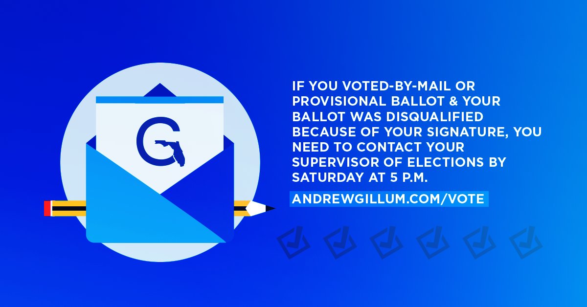 The deadline has been extended so that we #CountEveryVote. If you had an issue with your Vote-By-Mail or Provisional Ballot, you have until Saturday at 5 p.m. to cure it. Go to andrewgillum.com/vote to get the right information for your Supervisor of Elections.