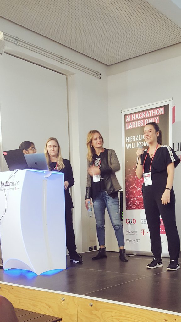 Jessieevaline's tweet photo. The lovely ladies are pitching! 
Challenge 1: Mobility
So many great ideas from teams: 
Pink Python, 
We Move, 
Big City Vibes, 
aSsaT, 
We Like To Move It Move It
#AIHack4Ladies #IBM #IBMDeveloper 
#WomenInTech #Berlin https://t.co/tHRuKX6EAp