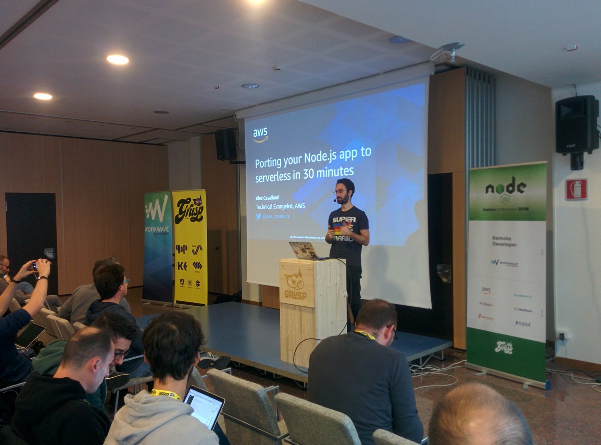 dlondero's tweet photo. .@alex_casalboni is "Porting your Node.js app to serverless in 30 minutes" on stage at #nodejsconfit #serverless #nodejs #js #Lambda https://t.co/KXIu3Kb43i