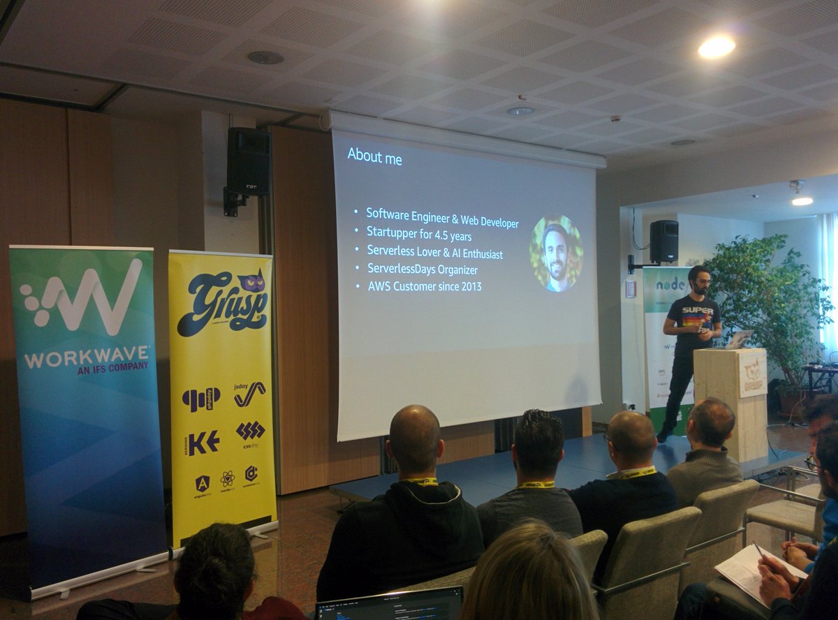 dlondero's tweet photo. .@alex_casalboni is "Porting your Node.js app to serverless in 30 minutes" on stage at #nodejsconfit #serverless #nodejs #js #Lambda https://t.co/KXIu3Kb43i