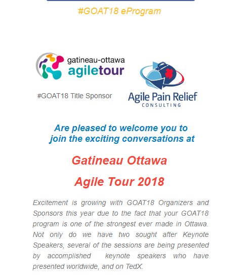 GOAgileTour's tweet photo. #GOAT18 is proud to present 

the Full Schedule for Gatineau Ottawa #AgileTour                     https://t.co/p8ItucTvoj

eProgram for Details behind the schedule
https://t.co/Sr1fmzOdiU https://t.co/WPLs1nX3PI