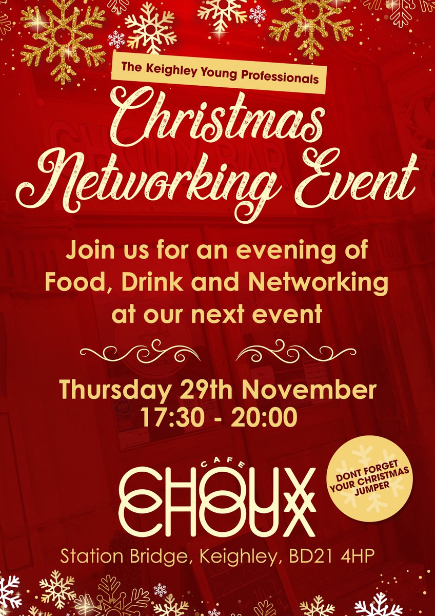 KeighleyYPS's tweet photo. Join us on Thursday 29th November 2018 for our #Christmas event, just don't forget to wear your favourite Christmas jumper! Please let us know if you will be attending, we look forward to seeing you there. #networking #youngprofessionals https://t.co/adhLVtrqhp