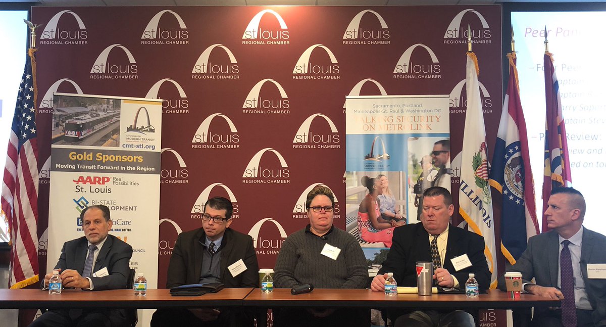 TheBLTripp's tweet photo. Today’s panel (left to right): Harry Saporta, @trimet; Capt. Steve Boehm, @wmata; Capt. Lisa Hinz, @RideSacRT; Capt. Rick Green, @MetroTransitMN; and Charles Rappleyea, @wsp.
Big issues to tackle include removing negative perceptions & making riders feel safer. #TalkingTransit https://t.co/UWZH6qvv3E