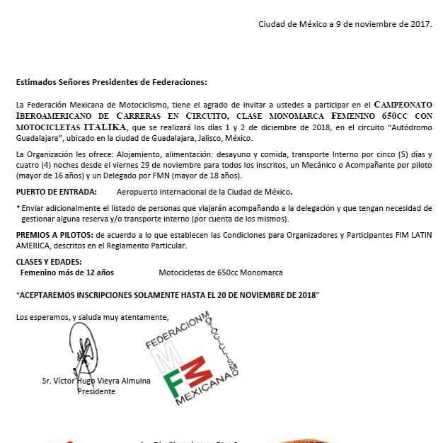 Invitación Campeonato Iberoamericano Femenino CCR
Monomarca "ITALIKA" 650cc
Fecha:  Del 30 de noviembre al 02 de diciembre de 2018
Lugar: Autodromo de Guadalajara, Guadalajara Jalisco, Mexico
FMNR: FMM
IMN: 132/01