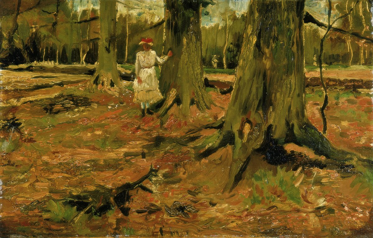 vangoghmuseum's tweet photo. ‘Now it’s autumn in the woods that preoccupies me. Sometimes there’s a gentle melancholy in the falling leaves. Then, I like the more robust, rougher side just as much the strong light effects’. Vincent van Gogh, Girl  in a Wood (1882) @krollermuller #VanGoghinNature https://t.co/Pz7kmtIlzQ