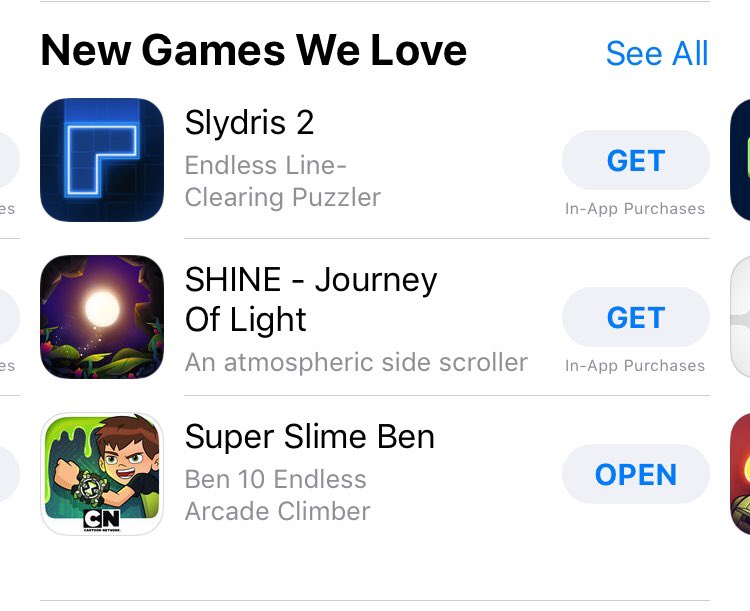 Made it into Apple’s “New Games We Love” list! Thanks <a href="/AppStoreGames/">App Store Games</a> 😘😘 #gamedev #SuperSlimeBen