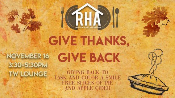 TCNJ_RHA's tweet photo. Give thanks in exchange for a piece of pie! Today in the TW lounge!! https://t.co/EQHbg0mmEw