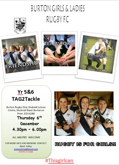 GIRLS RUGBY 🏉 

Burton Girls Rugby club are introducing an U11 age band and are holding a TAG 2 Tackle event to kick start it

📅 Thursday 6th December 
⏰ 4:30pm - 6:00pm
📍 <a href="/ShobnallLC/">Shobnall L C</a> 

➡️click here for more information, bit.ly/2zTPYby

<a href="/BurtonRFC/">Burton Rugby Club</a> <a href="/MSTcoaching1/">Mark Tolley</a>