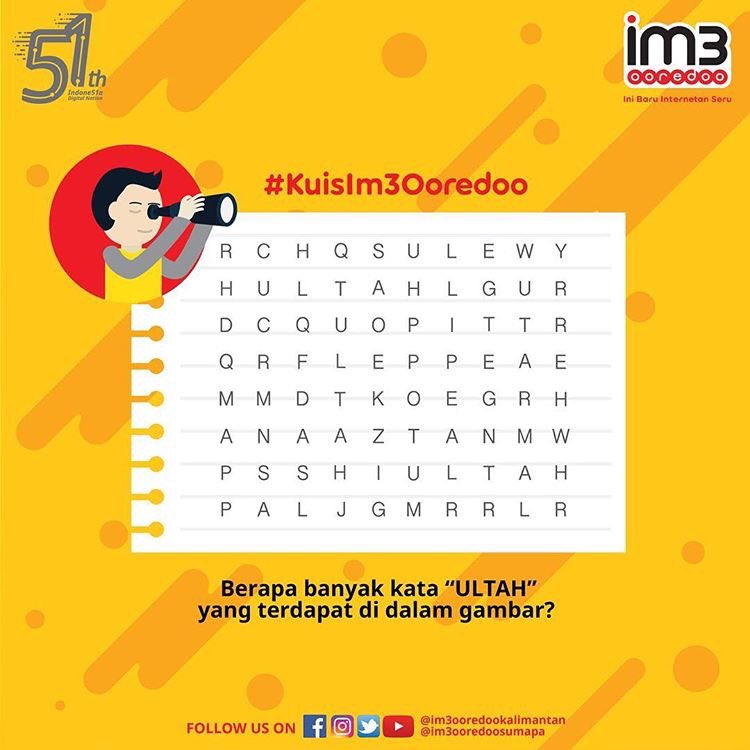 Im3ooredoosmp's tweet photo. Yuk ikutan kuis dan dapatkan hadiah dari Im3 Ooredoo bagi kalian yang beruntung! Caranya :
1) Follow @Im3ooredoosmp 
2) Tulis jawabanmu sebanyak-banyaknya dalam kolom komentar
3) Mention 3 teman kamu dengan hashtag #kuisim3ooredoo #kotakamu
Periode Kuis : 16 - 20 November 2018 https://t.co/sfsYg0nGjd