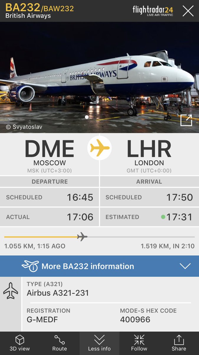 FlightIntl's tweet photo. British Airways flight #BA232 from Moscow (DME) to London (LHR) has declared a general emergency https://t.co/bNqBkRMX3I https://t.co/R9ZParAooP