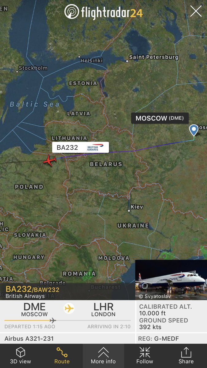 FlightIntl's tweet photo. British Airways flight #BA232 from Moscow (DME) to London (LHR) has declared a general emergency https://t.co/bNqBkRMX3I https://t.co/R9ZParAooP