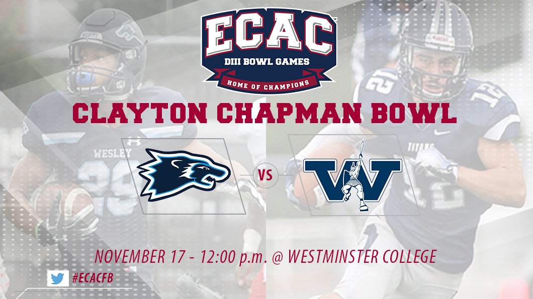 ECACSports's tweet photo. The Clayton Chapman Bowl features @WesleyAthletics battling @WC_Titans, noon tomorrow. 

Watch: https://t.co/Jv2M9scFYZ
Live Stats: https://t.co/vNAU7ctB2o https://t.co/ETkVkU94FZ