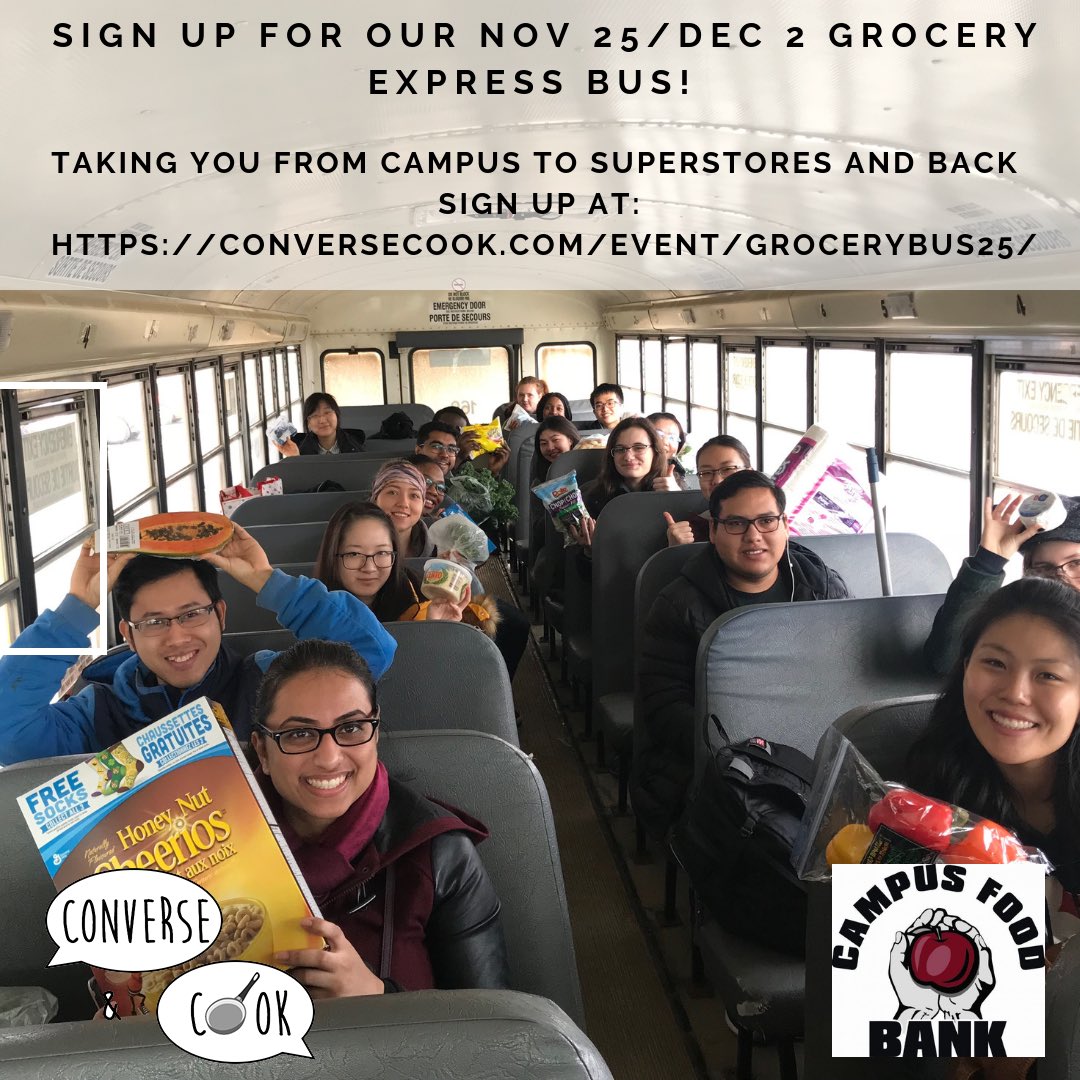 Converseandcook's tweet photo. Hey #UAlberta students! Make sure your pantries are stocked up and loaded with your favourite foods and snacks so you can conquer the rest of the term by using our free grocery bus.

Sign up here: https://t.co/cMvnjDYYDK

#ConverseandCook #grocery #bus #Superstores #food https://t.co/q8GsiekciF