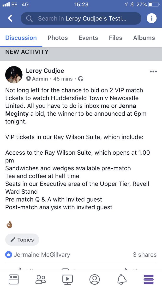 2 VIP match tickets to watch Huddersfield town v Newcastle United 15th December up for auction. All you have to do is inbox me a bid before 6pm tonight. Details of the package 👇🏾 #Testimonial