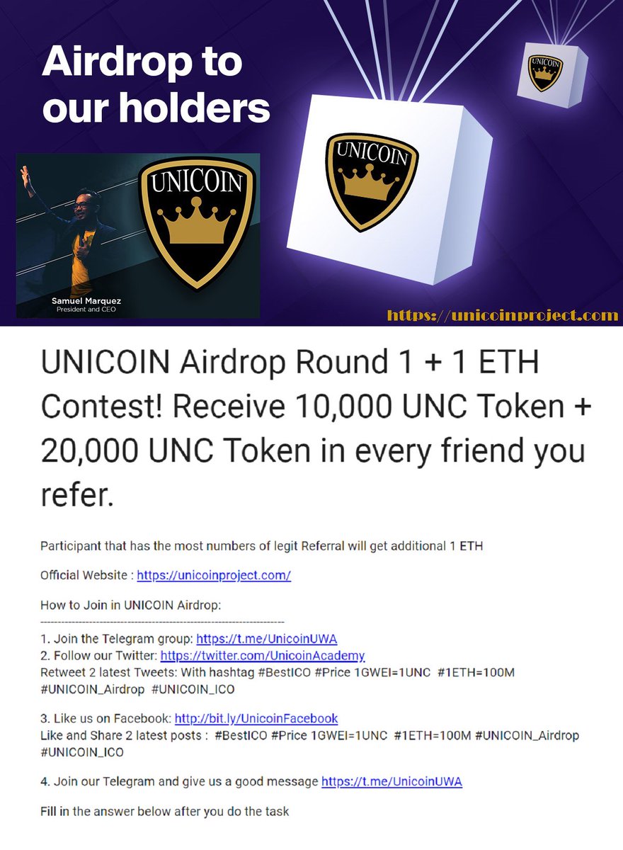 UnicoinAcademy's tweet photo. UNICOIN Airdrop Round 1 + 1 ETH Contest! Receive 10,000 UNC Token + 20,000 UNC Token in every friend you refer.

Participant that has the most numbers of legit Referral will get additional 1 ETH

Airdrop Link here : https://t.co/Ge7COIF5Nu https://t.co/IIBRAFd0Od