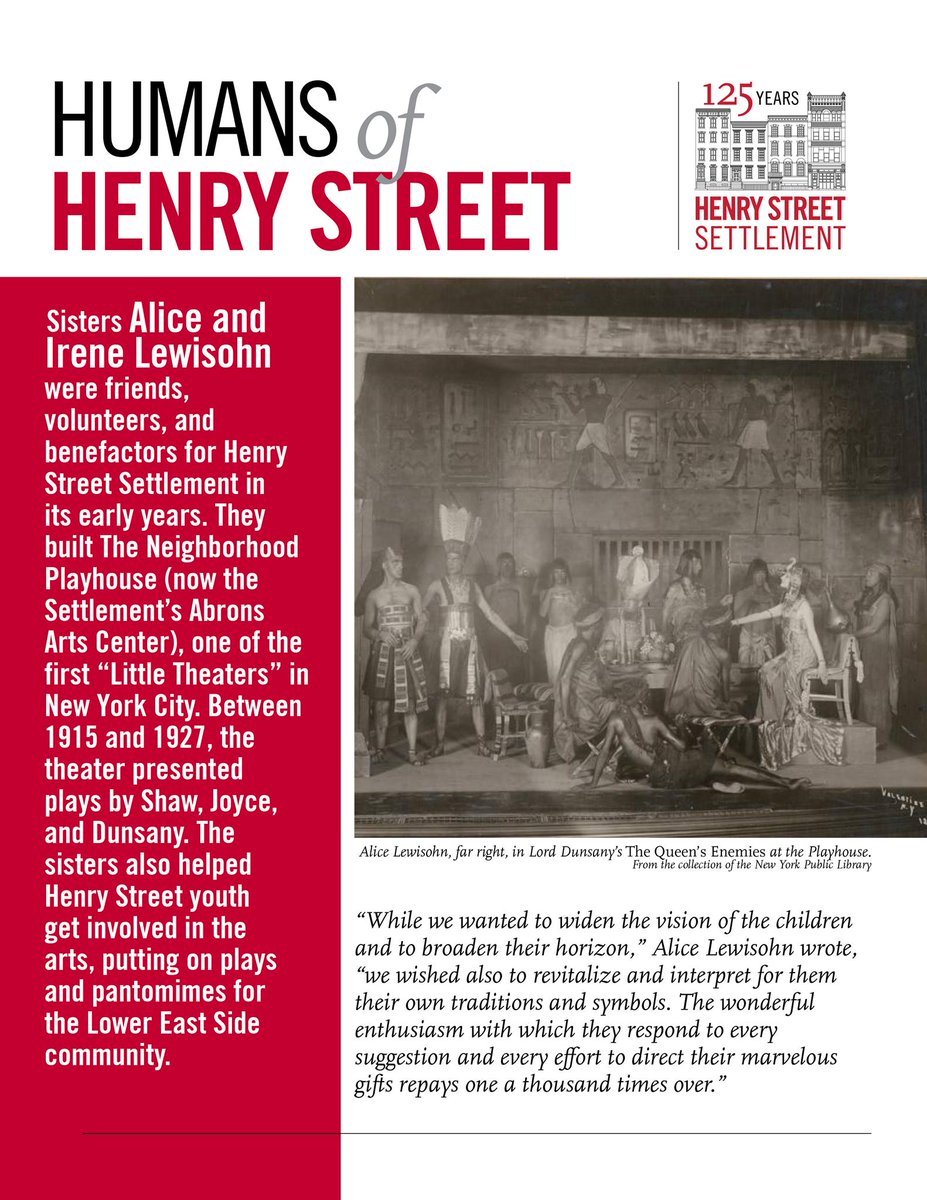 HenryStreet's tweet photo. Did you know we have sisters Alice & Irene Lewisohn to thank for @AbronsArtsCtr? The pair built The Neighborhood Playhouse in 1915, and spearheaded youth involvement in the arts at Henry Street. #HumansOfHenryStreet https://t.co/uu1NHKe67R