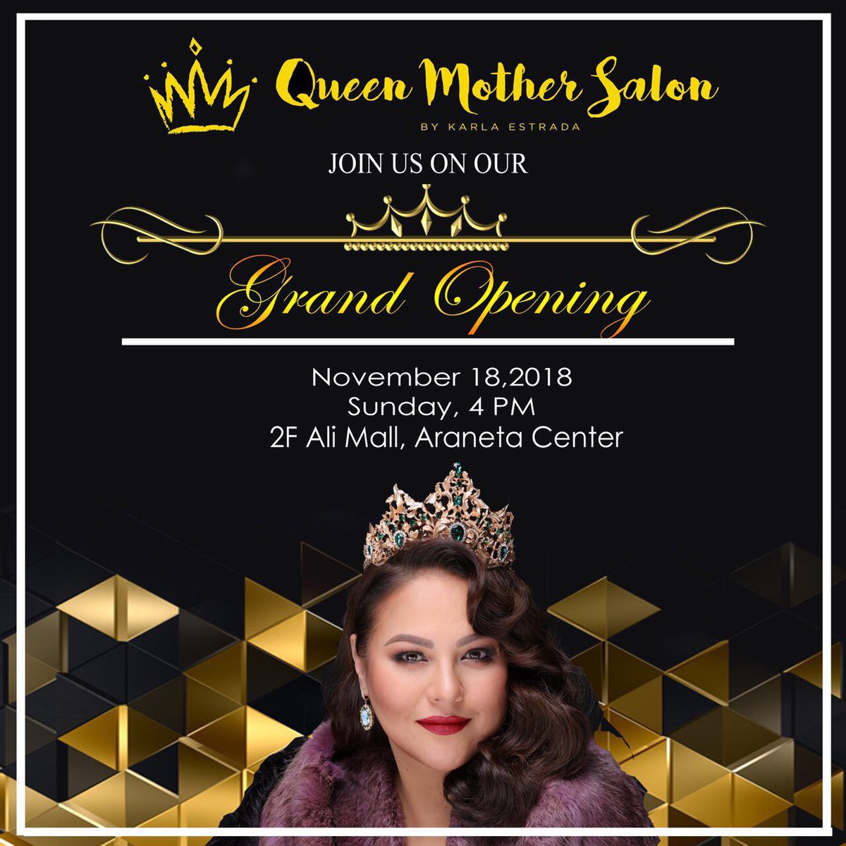 QMSKarlaEstrada's tweet photo. Join us on the Grand Opening of the newest addition to our family, Queen Mother Salon Ali Mall, November 18, 2018, 4PM at the 2F Ali Mall, Araneta Center. See you there! #QMSAlimall @AranetaCenter #qmsbykarlaestrada #qmsbykarlaestradagrandopening https://t.co/7xouzk3HDD