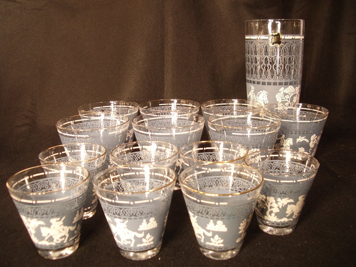 Wedgewood Blue Cocktail Glass 15 Piece Set - Bow hunters and lions - India Taj Mahal Motif etsy.me/2OLnPJf #housewares #midcenturyblue #mcmbarware #vogue #crystal #jeannette #cocktails #entertaining #holidayparty #barware #drinking #NYE #midcentury #wedgewood
