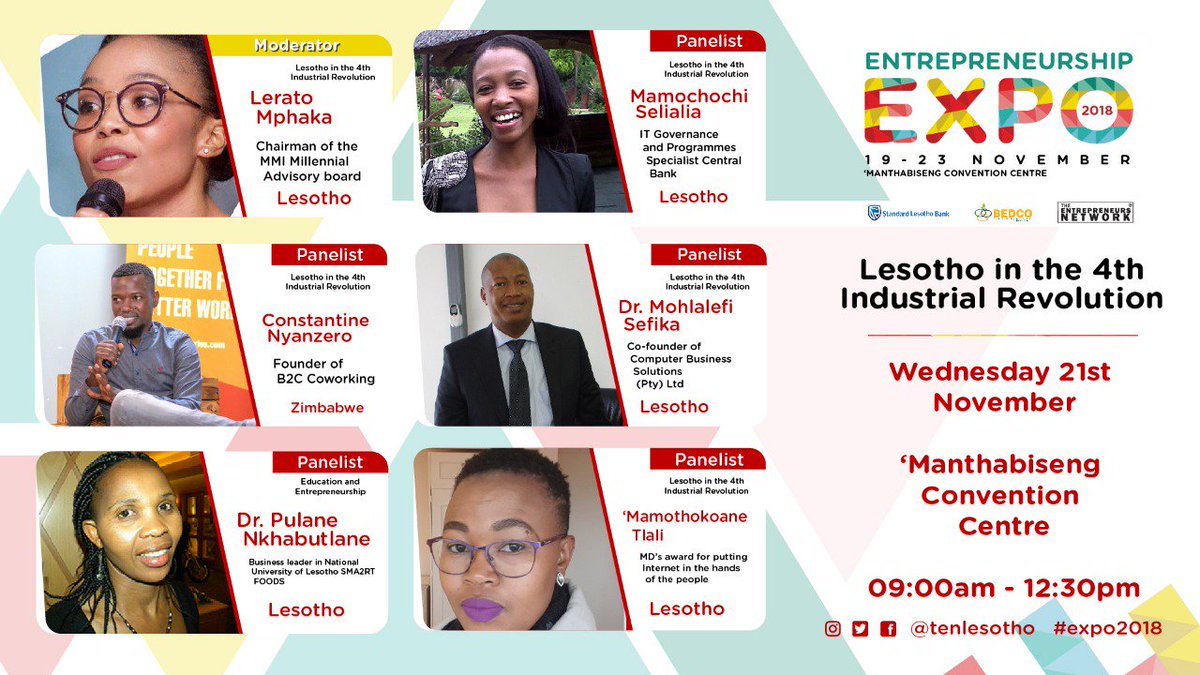 TENlesotho's tweet photo. Our four pillars for the #expo2018 complete with our moderators and international speakers. Do make sure to join us via RSVP & get your free ticket that comes with a free M100 purchasing voucher;
https://t.co/OA0KFSfR6Q https://t.co/ooTHoWAzYt