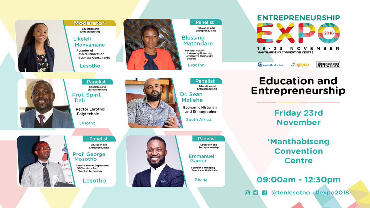 TENlesotho's tweet photo. Our four pillars for the #expo2018 complete with our moderators and international speakers. Do make sure to join us via RSVP & get your free ticket that comes with a free M100 purchasing voucher;
https://t.co/OA0KFSfR6Q https://t.co/ooTHoWAzYt