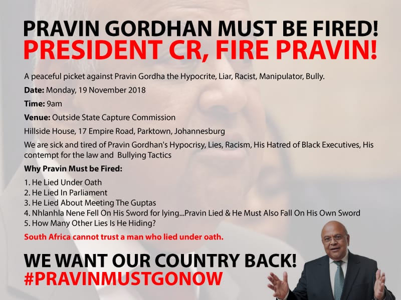LandNoli's tweet photo. If Nhlanhla Nene had to go because he met the Guptas &amp; lied about it

Then Pravin Gordhan must go too because he met the Guptas &amp; lied about it in Parliament.

#PravinMustGo Picket:
Date: 19 Nov 2018
Time: 9am
Venue: Outside State Capture Inquiry 
Hillside House,17 Empire Rd, Jhb https://t.co/x8The1jNxG