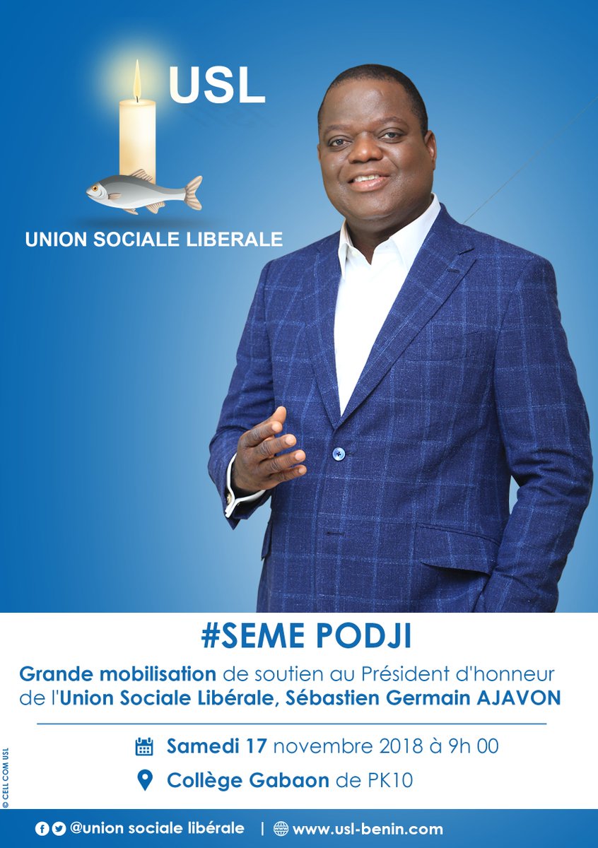 uslbenin's tweet photo. DEMAIN SAMEDI 17 NOVEMBRE 2018 | #MOBILISATION #USL #SEMEPODJI
Grande mobilisation de soutien au Prédisent d'honneur de l'Union Sociale Libérale @SebastienAjavon ce samedi 17 novembre 2018 à 9h au #Collège_Gabaon de #PK10 https://t.co/yW2qCkEaJH