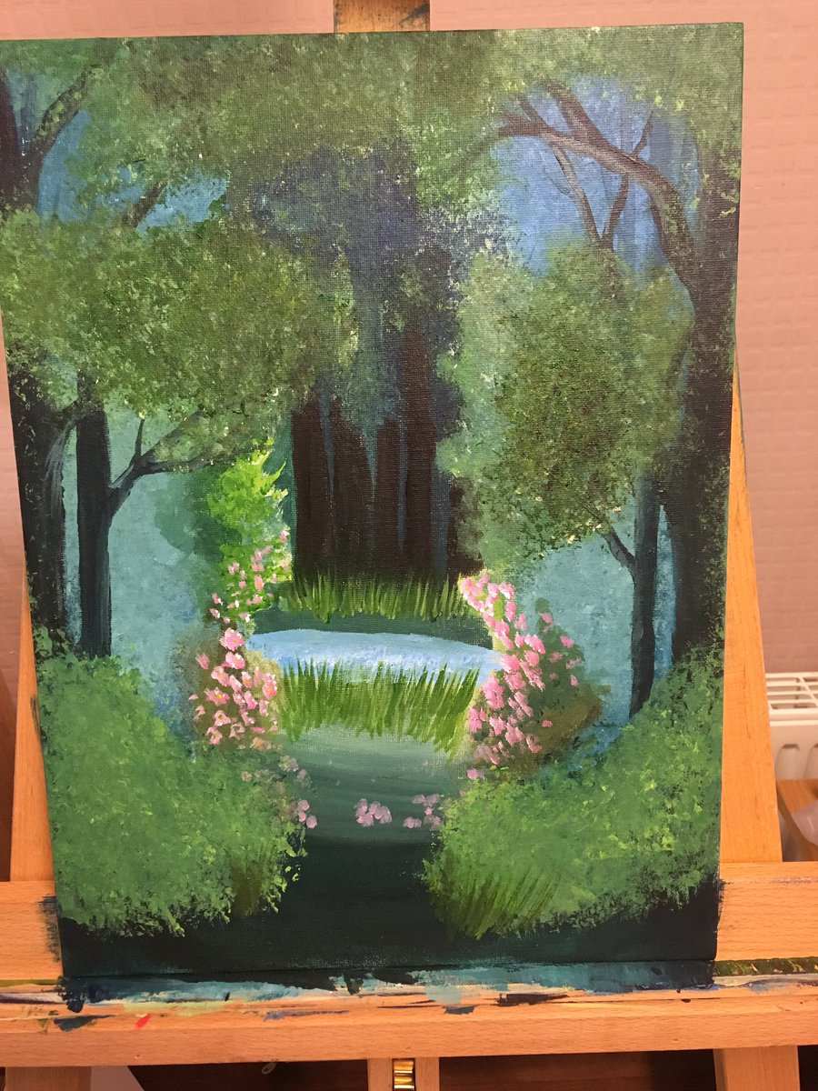 just_dm_things's tweet photo. Another painting completed. I envisioned a perfectly still lake in a maze of trees. Nothing extraordinary until a full moon hung in the sky and the fae came through to play #dnd #dnd5e #fae https://t.co/rqDtOqWxuf