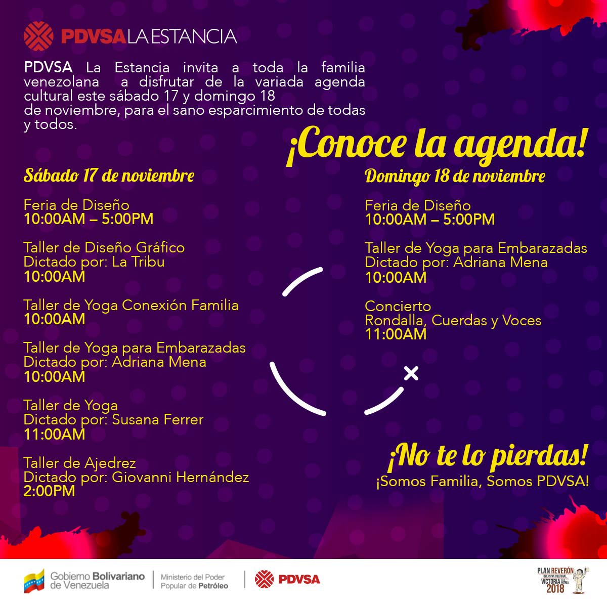 PDVSALaEstancia's tweet photo. Conoce y comparte la programación cultural de @PDVSALaEstancia para este fin de semana #17Nov y #18Nov ¡Te esperamos, es para ti! 

#2Millones300MilYMás https://t.co/FWmt6w9dis
