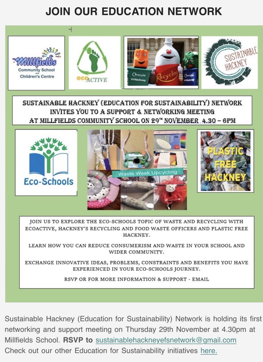 MillfieldsCS's tweet photo. If you can support our school on it’s sustainability journey please join us on Thurs 29th for our Network meeting #greenhackney #plasticfree #ecoschools #hackneyschools ♻️ https://t.co/JCfacqAQor